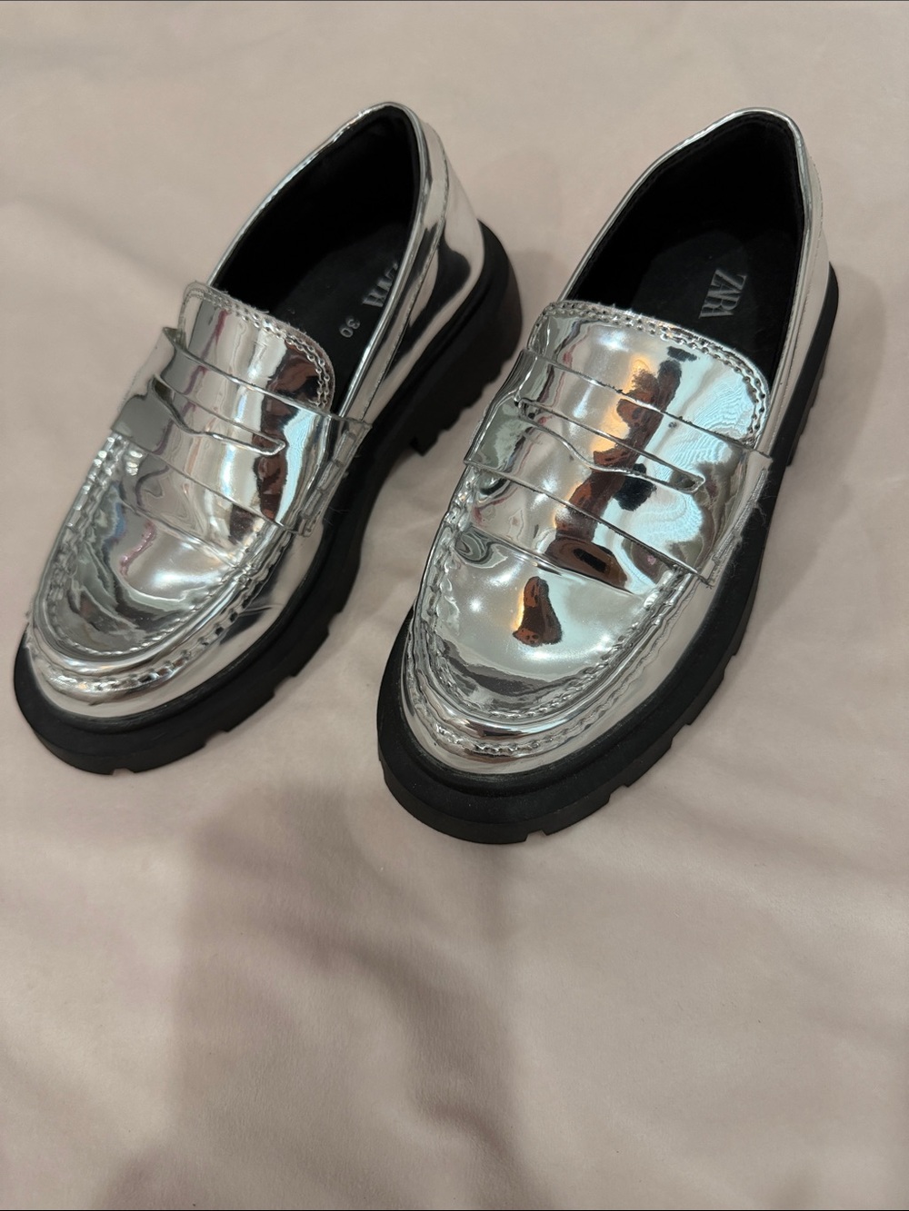 Zara girls Silver Metallic Penny Loafers